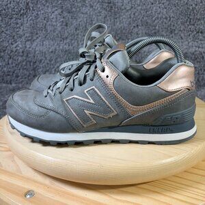 New Balance 574 Sneaker Womens Size 8 Gray Rose Gold Leather Running Sneakers